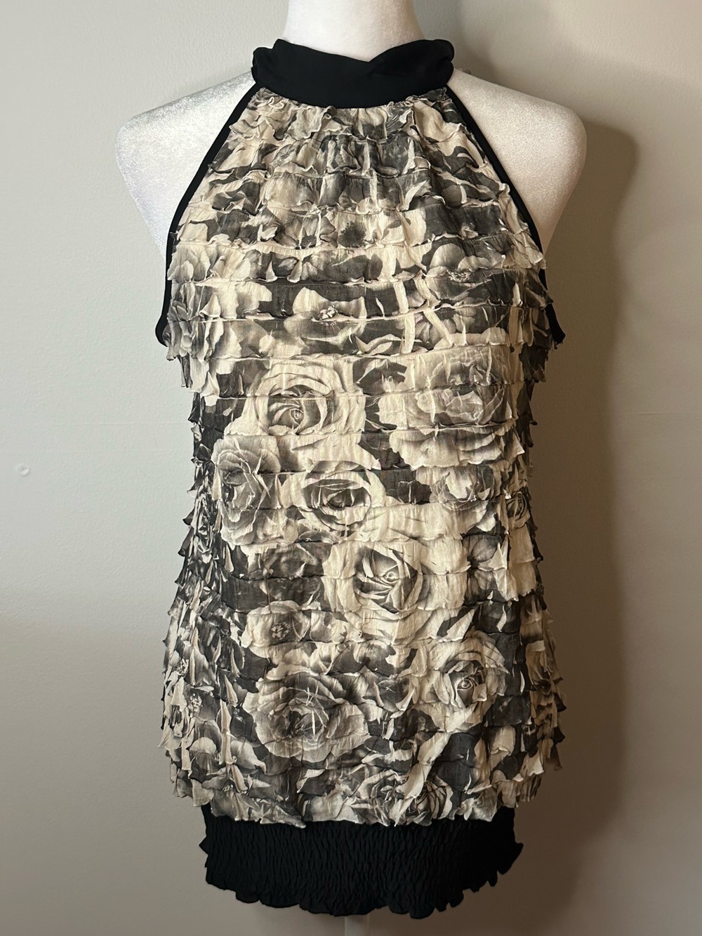 Gothic Rare 2000’s Floral Rose Halter Bodycon Mini Dress - Black & Cream- Women